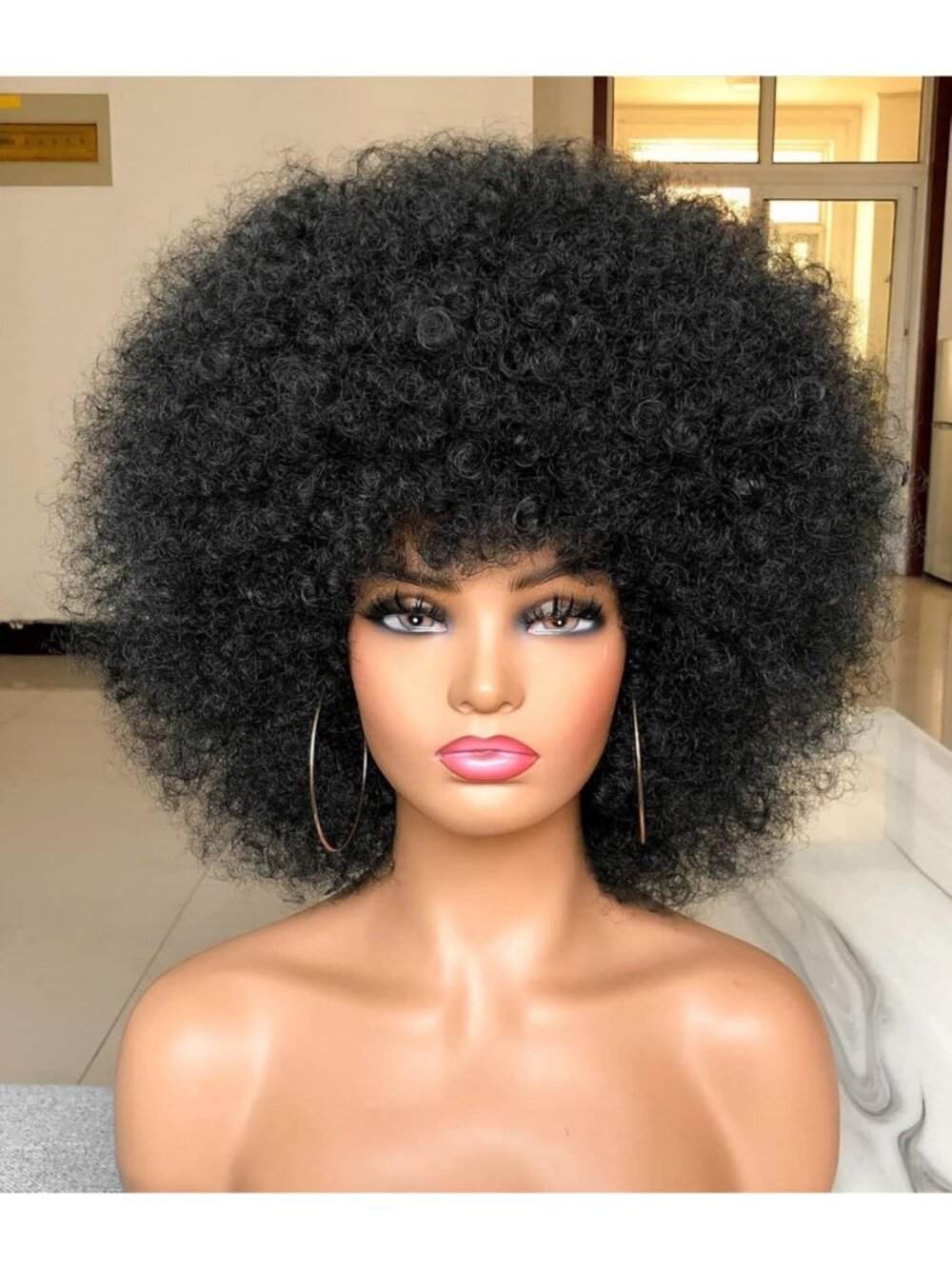 Short Afro Wig with Bangs - Kinky Curly 70s Style, Premium Synthetic Big Hair